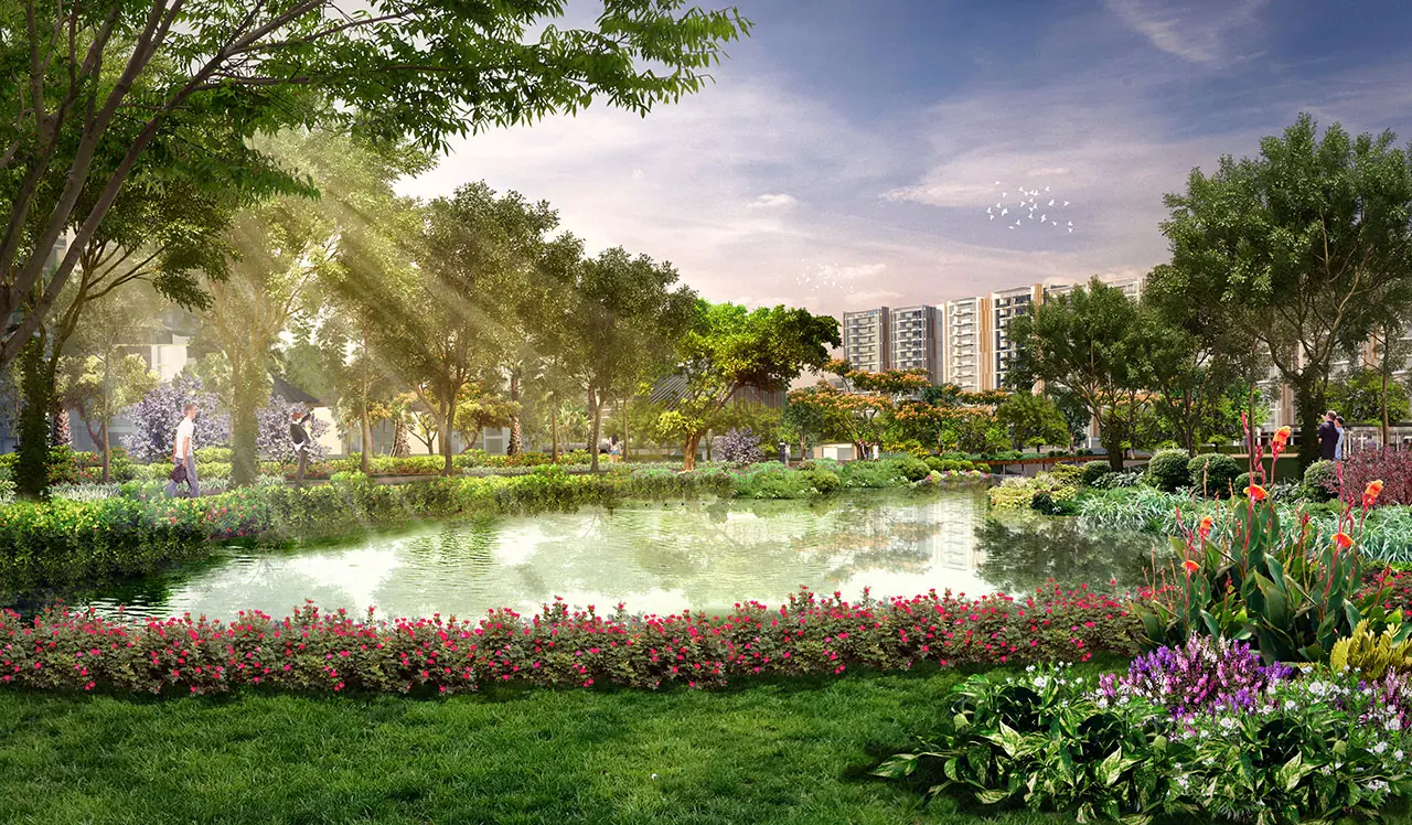 Sunlight through trees over the NavaPark lake